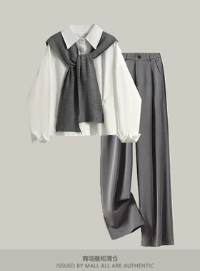 商场撤柜港风复古披肩长袖衬衫春季高腰阔腿西装裤子休闲套装女