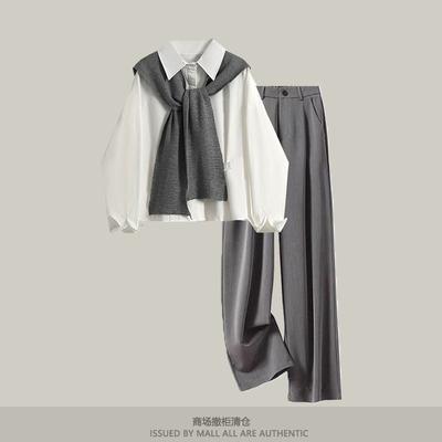 商场撤柜港风复古披肩长袖衬衫春季高腰阔腿西装裤子休闲套装女