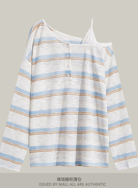 春夏新款斜肩宽松长袖防晒罩衫T恤女条纹设计感蕾丝拼接休闲上衣