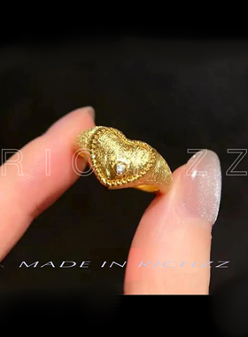 RICHZZ 古法金掐丝镶锆石心形开口拉丝戒指轻奢高级感指环情侣