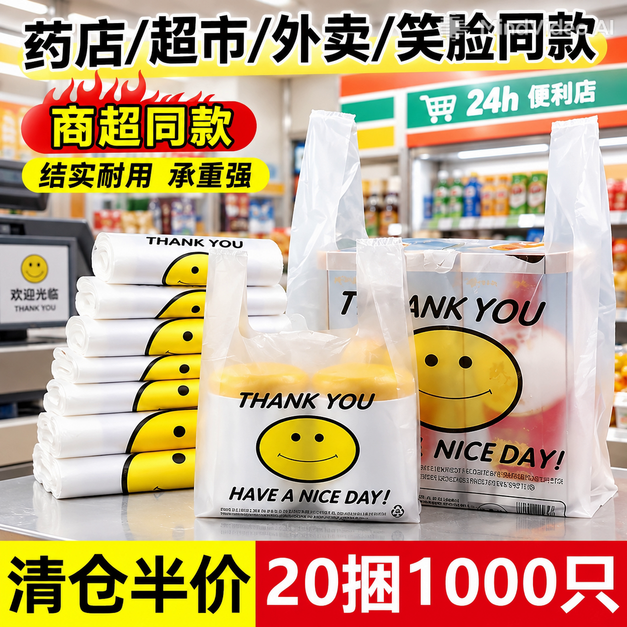 加厚笑脸塑料袋大号方便袋透明外卖超市手提袋批发背心打包袋商用