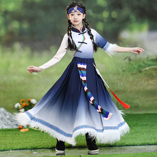 儿童藏族舞蹈演出服次仁拉索大摆裙袍子六一渐变少数民族女童服装