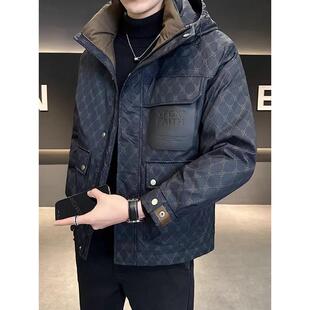 嘉兴平湖格子羽绒服男士印花冬季加厚连帽高端潮牌短款白鸭绒外套