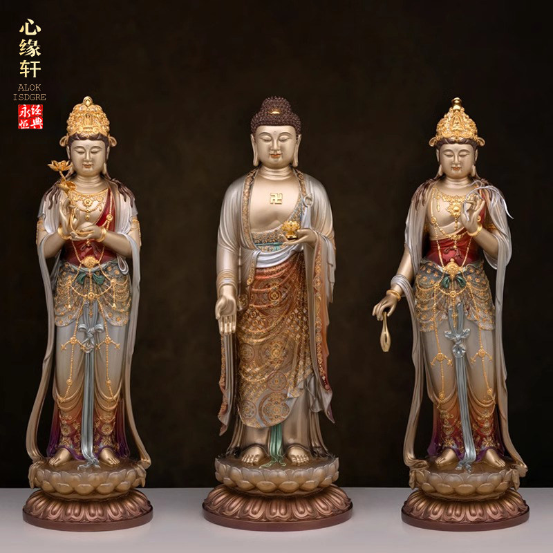 纯铜大势至菩萨佛像西方三圣站像观世音菩萨阿弥陀佛佛像工艺摆件