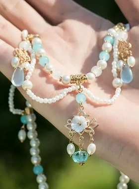 旗袍唯美宋制项链复古古风森系汉服配饰诃子璎珞双层吊坠珍珠饰品