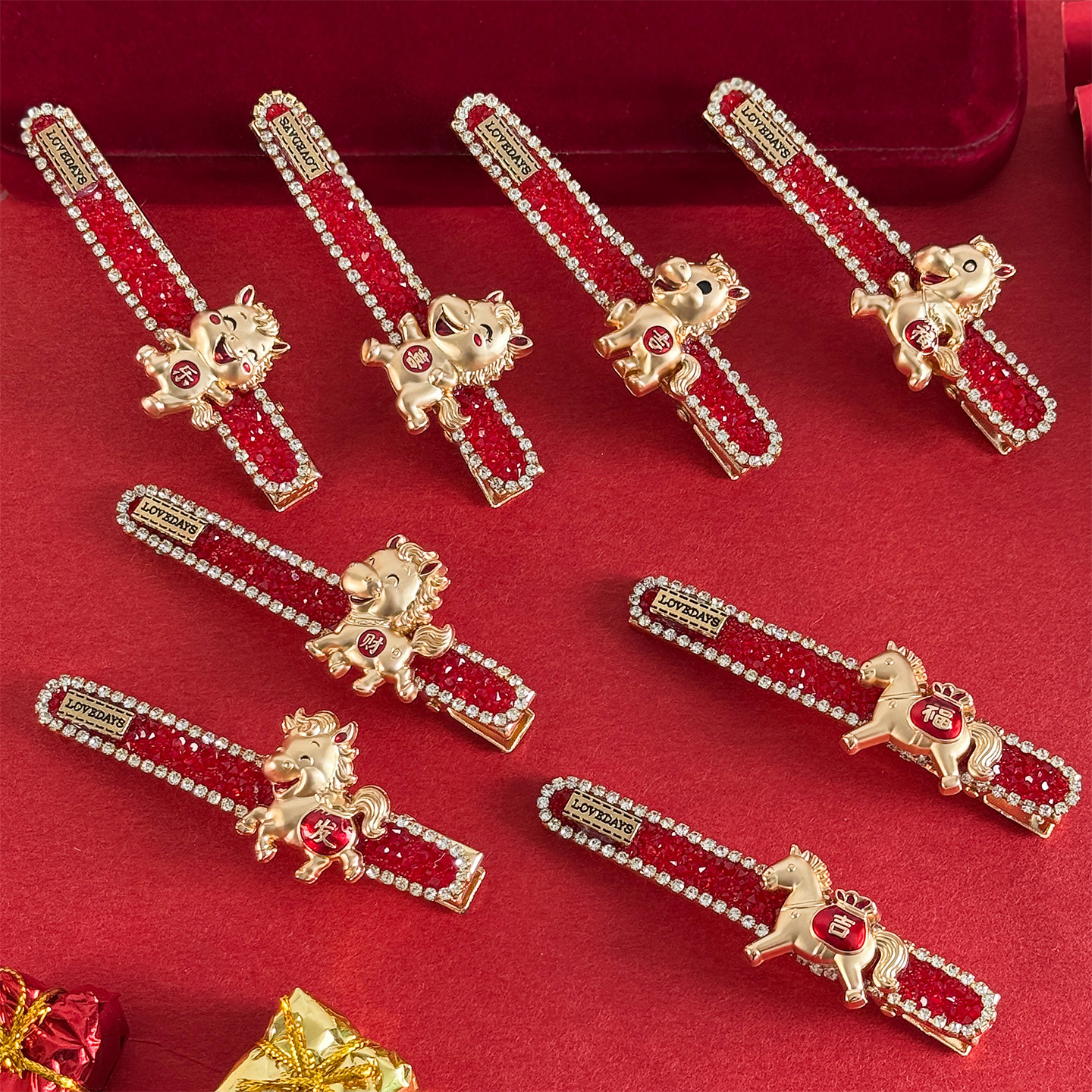 马年本命年水钻红色发夹女2026新年礼物侧边刘海碎发夹一字鸭嘴夹