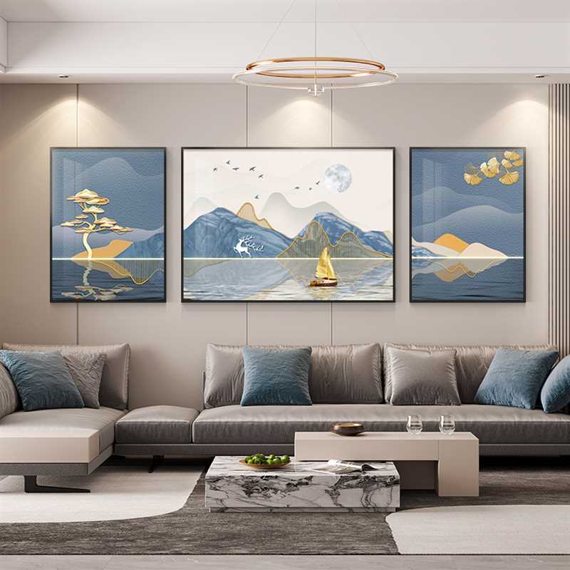 抽象发财树客厅装饰画轻奢高级感沙发背景墙挂画现代简约三联壁画图片