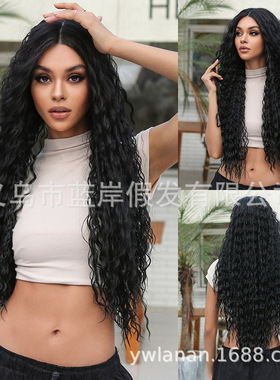 黑色非洲小卷蕾丝假发28inch中分长卷发进口丝化纤发前额蕾丝