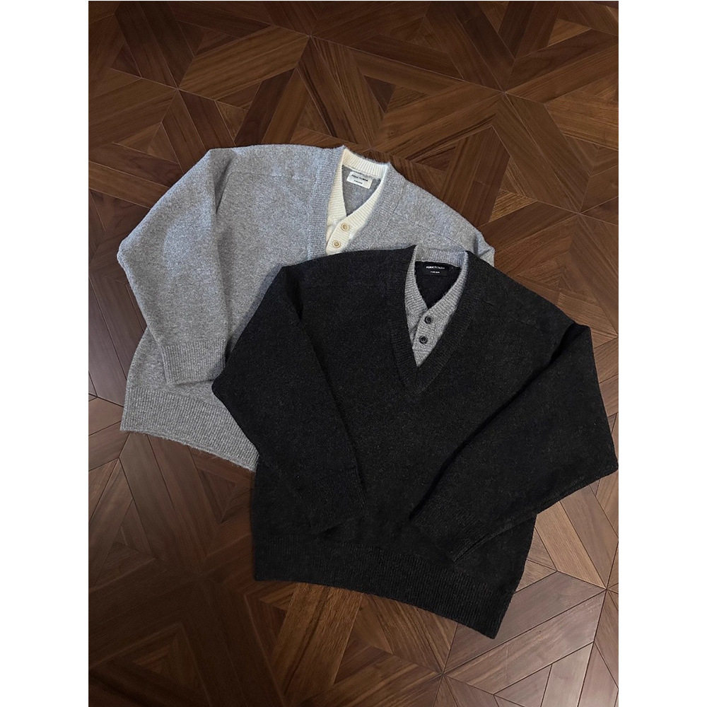 假两件V领毛衣男秋冬季老钱风高级美式复古青少年慵懒休闲针织衫