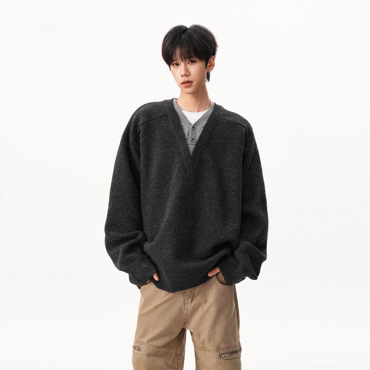 假两件拼接V领毛衣男秋冬季慵懒高级感美式青少年宽松长袖针织衫