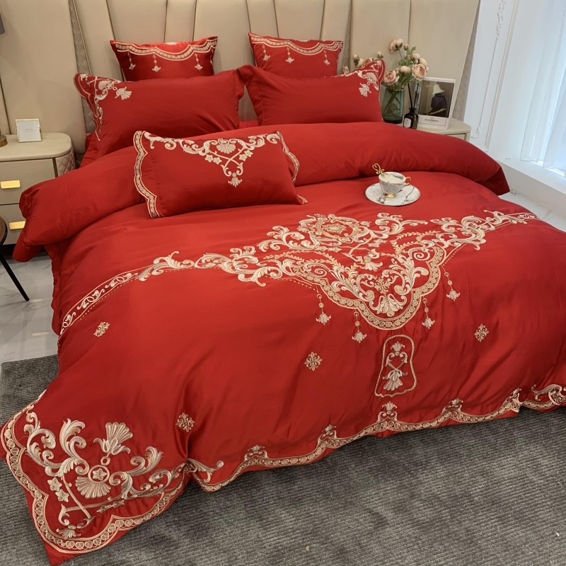 欧式高档结婚四件套大红色刺绣60支喜庆婚床单被套舒适可裸睡床品