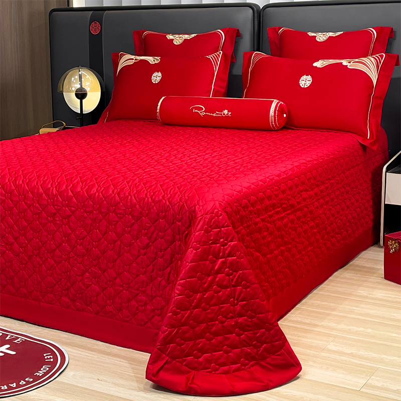 结婚大红色夹棉床盖三件套