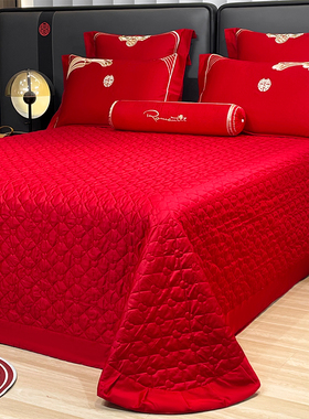 新中式大红色夹棉床盖三件套纯棉床单加厚防滑婚庆榻榻米床上用品