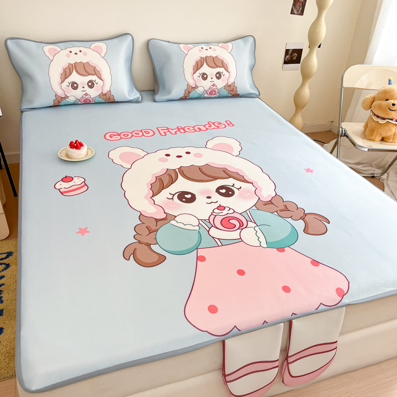 甜美卡通风冰丝席三件套夏季可爱萌系床上用品凉感枕套1.8m草席子