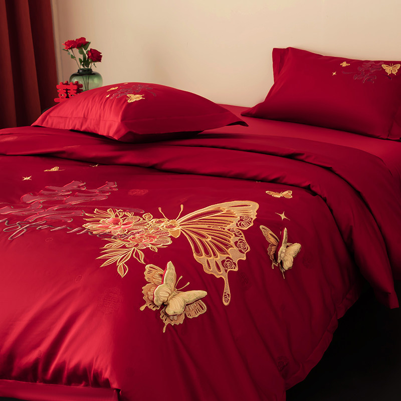 高档结婚纯棉四件套大红色新房床上用品中式婚礼喜庆被子全套七件,床上用品,婚庆床品套件,淘宝优惠券,粉丝福利购,淘宝优惠卷