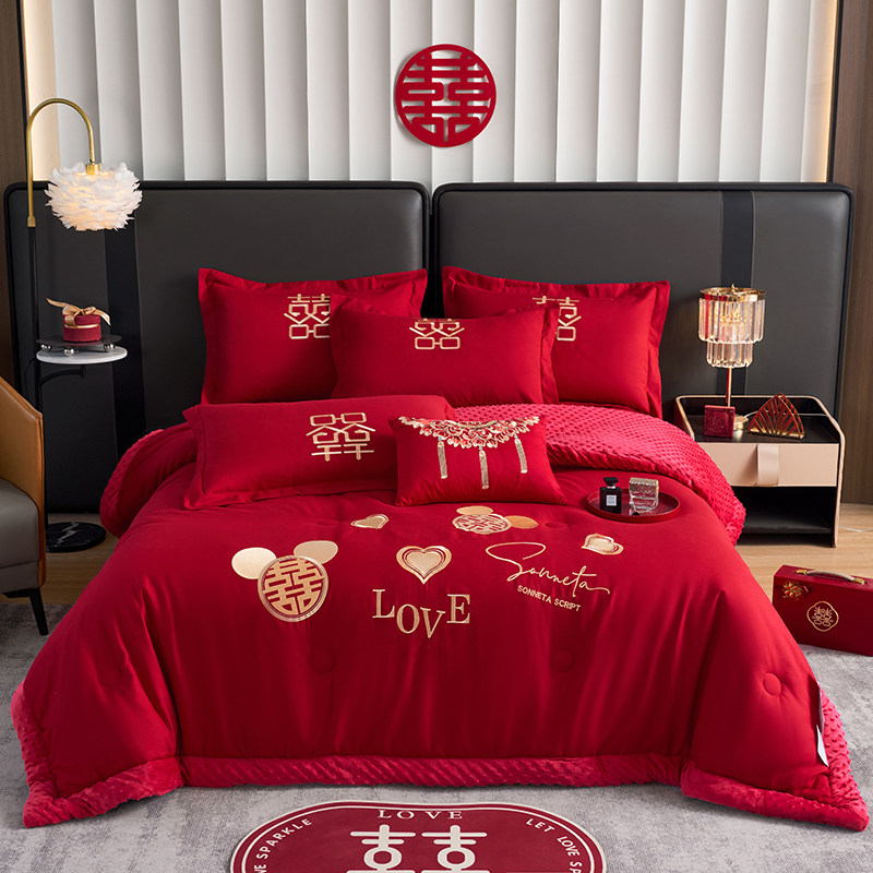 新款红色被子加厚秋冬保暖家用刺绣豆豆毛毯婚庆结婚陪嫁喜庆送人,床上用品,化纤被,淘宝优惠券,粉丝福利购,淘宝优惠卷