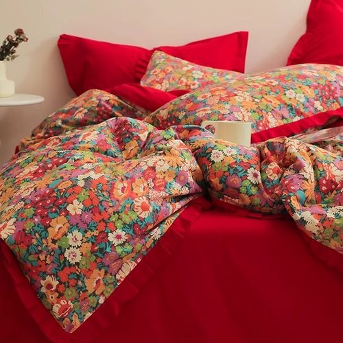法式田园风小碎花全棉60s床上用品四件套结婚喜庆大红色床单被套4