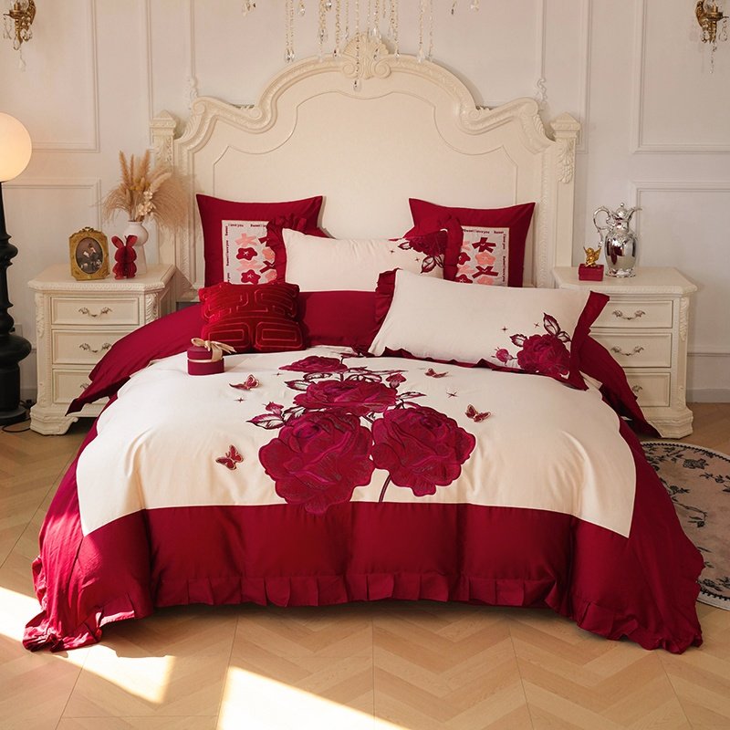 高级感结婚纯棉四件套婚庆红色床单被套婚房布置喜被七件套全套装