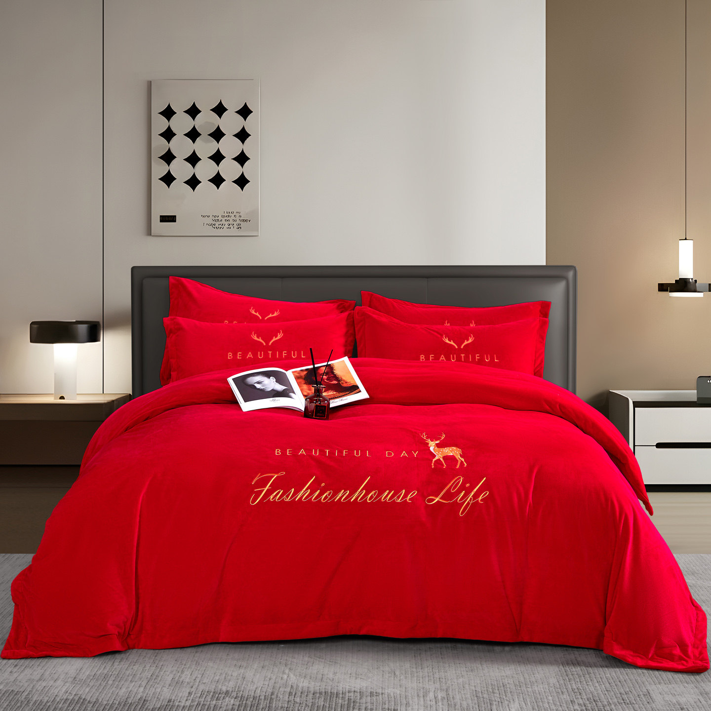 大红色结婚牛奶绒床上用品四件套婚庆刺绣珊瑚法兰绒床单被套保暖