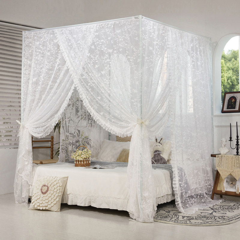 公主风白色蕾丝四柱蚊帐宫廷风卧室落地加粗杆全封闭式三门开床幔