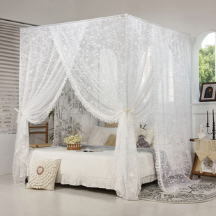 公主风白色蕾丝四柱蚊帐宫廷风卧室落地加粗杆全封闭式三门开床幔