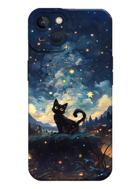 梦幻星空黑色猫咪手机壳