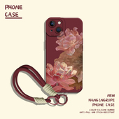 13mini中年14老年人12国风8p妈妈7 荷花手机壳带挂绳适用苹果17红色iphone16promax长辈15plus女款