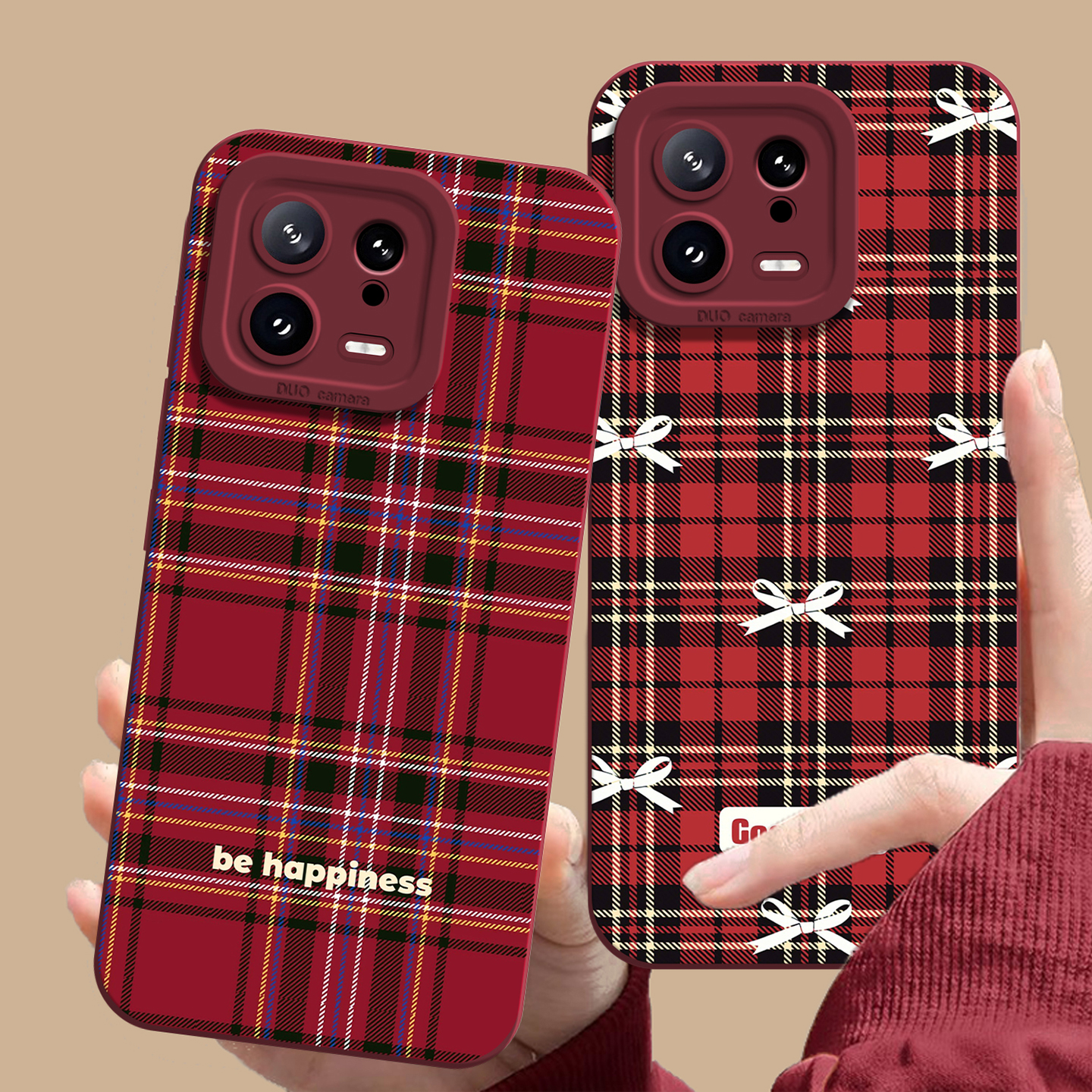 适用小米红米手机壳红色格纹