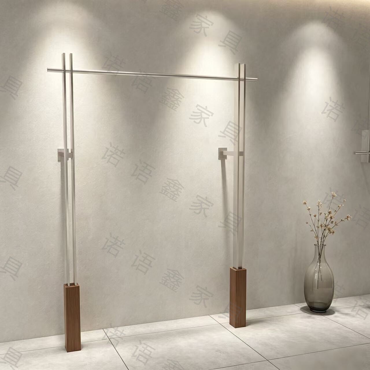 陈列架服装店展示架加厚拉丝不锈钢男女装挂衣架胡桃色上墙架