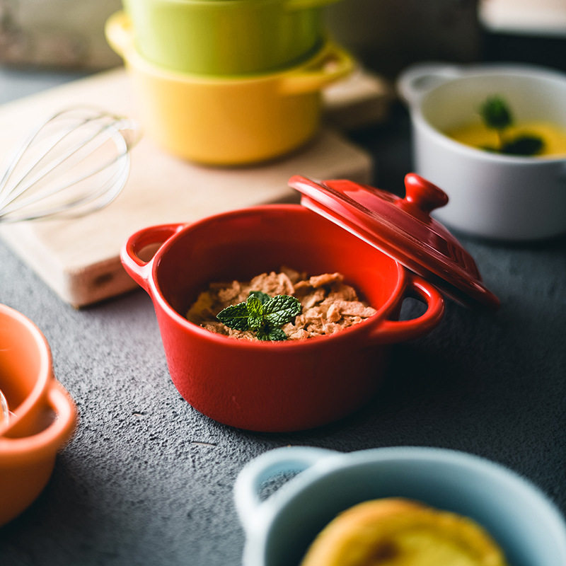 烘焙带盖炖盅舒芙蕾双耳燕窝儿童家用餐具碗烤碗陶瓷甜品蒸蛋点心