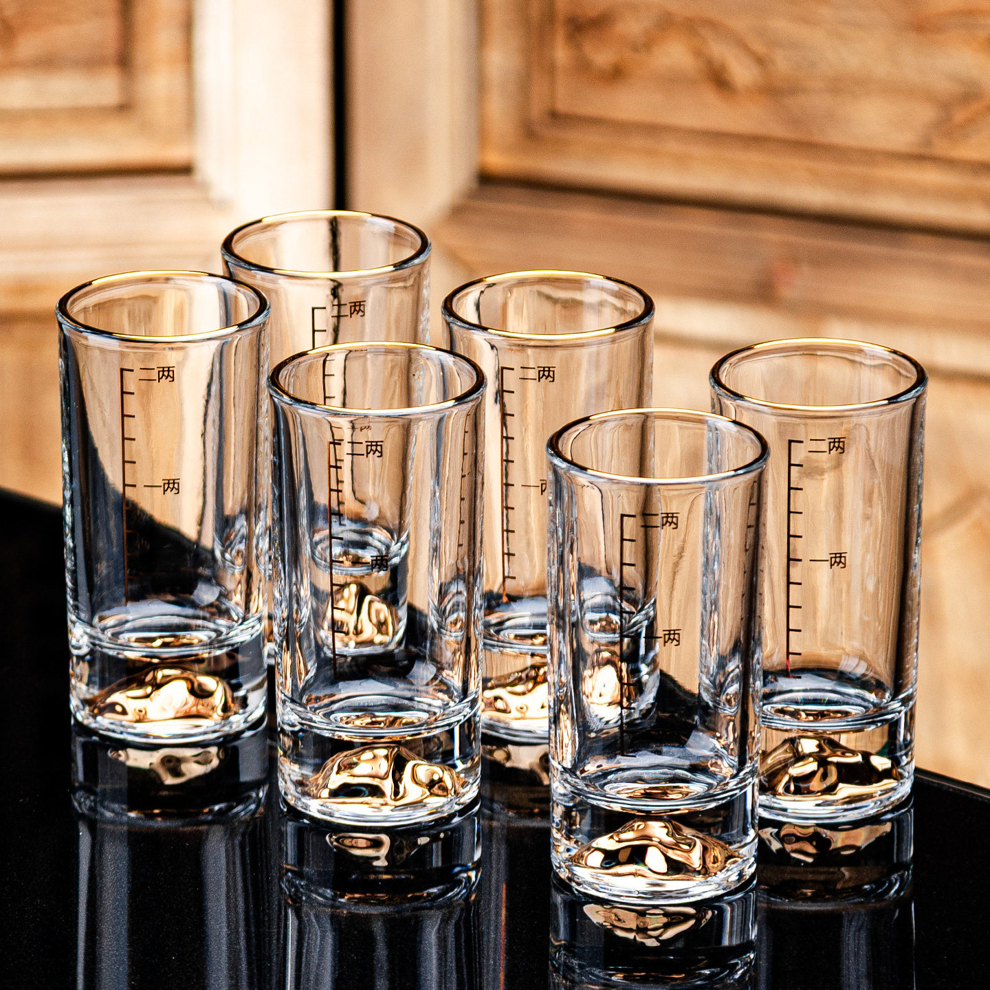 水晶二两金箔白酒杯带刻度轻奢高档金山一两玻璃酒杯家用酒具套装,餐饮具,白酒杯,淘宝优惠券,粉丝福利购,淘宝优惠卷