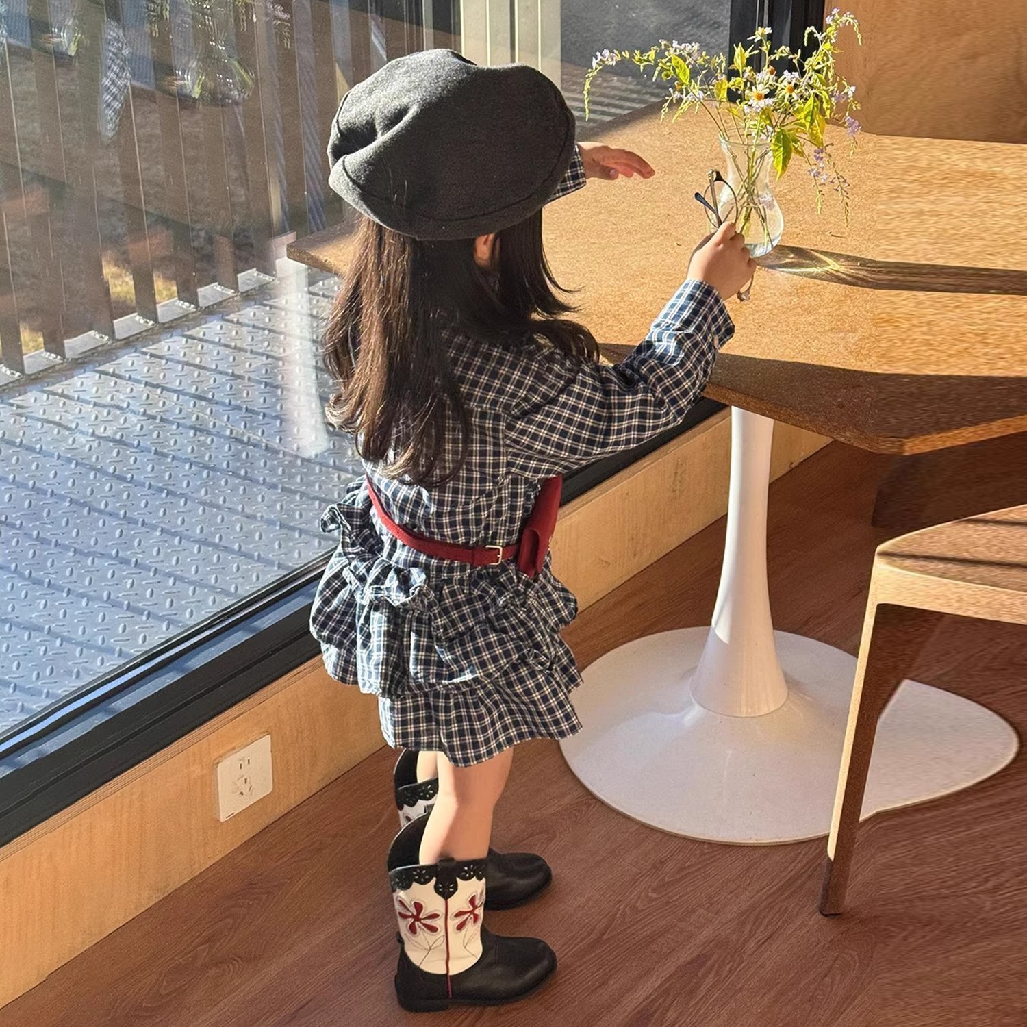 韩版女童秋季灰蓝色格子衬衫裙子