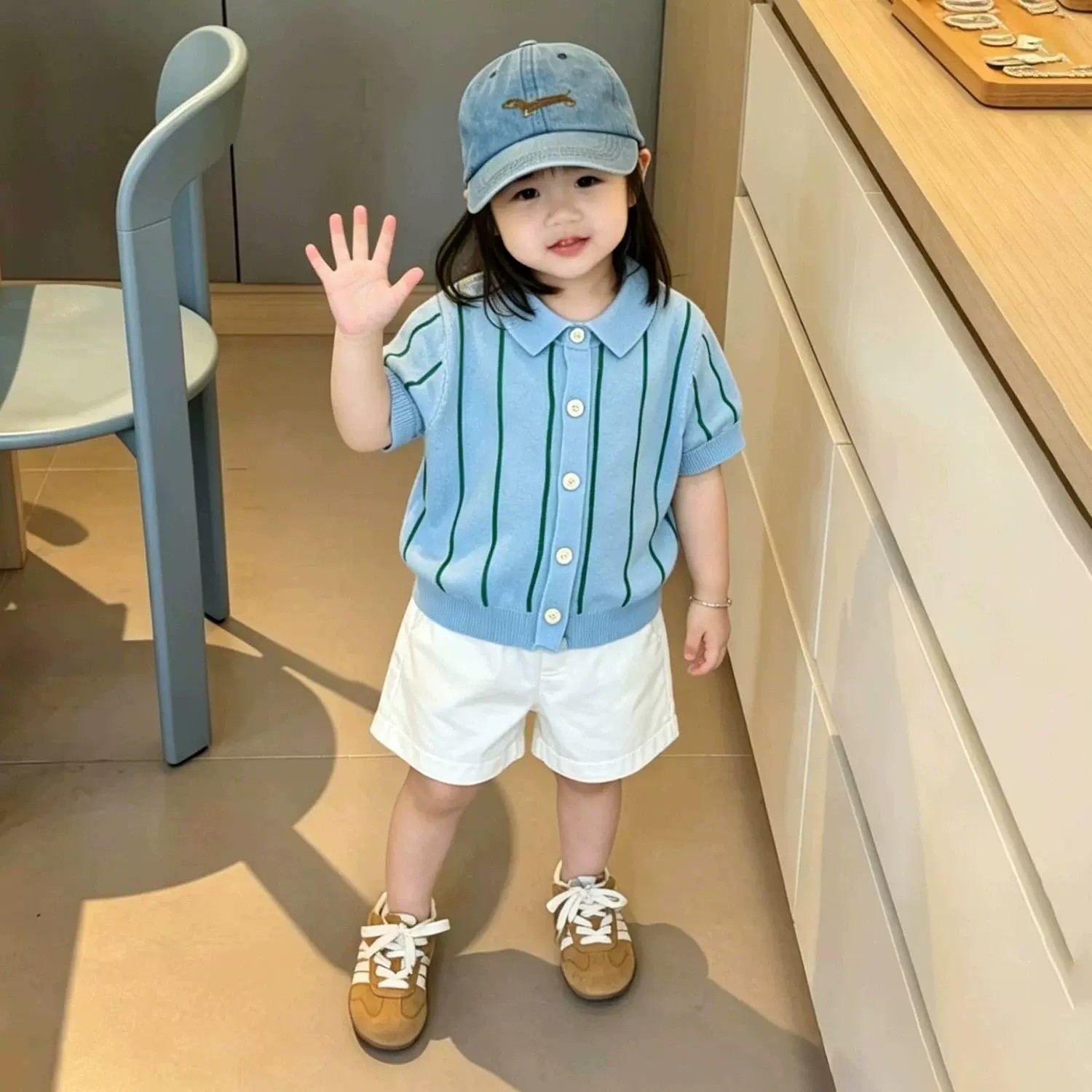 女宝宝休闲风Polo领条纹针织短袖