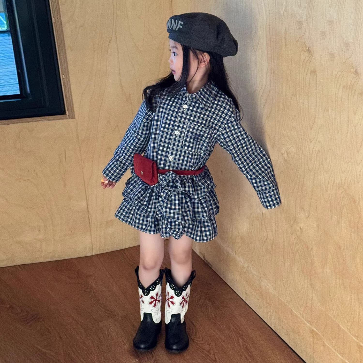 女童秋季套装复古格纹衬衫公主裙
