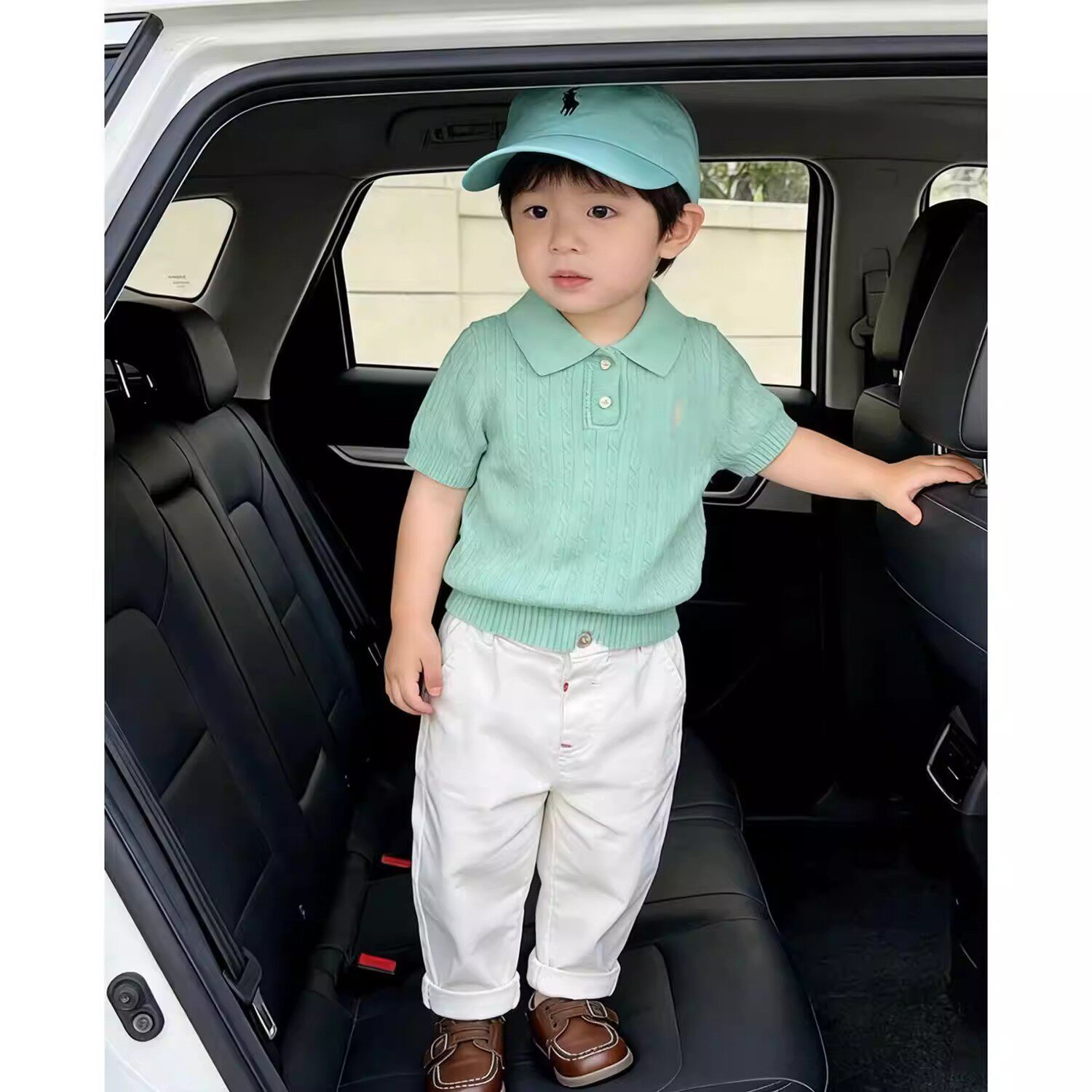 韩版男童夏季绿色刺绣短袖针织衫