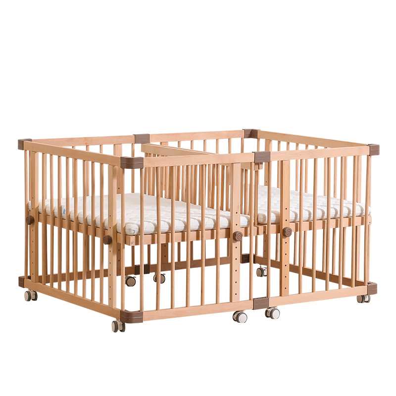 新款日本榉木婴儿床实木可拼接大床双胞胎床新生儿多功能无漆移动