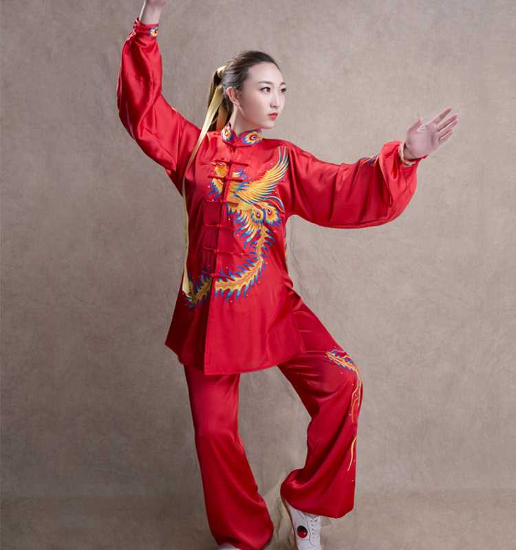 新款拳心拳意新款刺绣彩凤祥云太极表演服装演出服带披纱三件套红