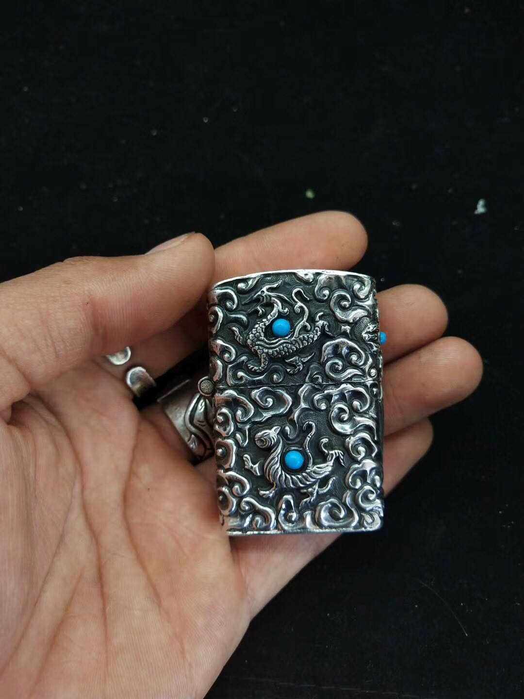 新款纯银四大神兽玄阴四象打火机 纯手工制作祥云图案复古镶嵌网