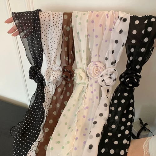 韩系波点花朵白色丝巾女春季薄款高级感气质百搭系脖领巾围脖发带