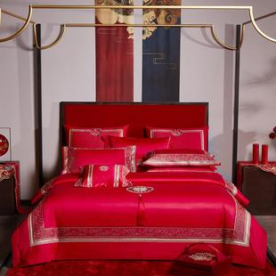 大红色简约婚庆四件套140支澳洲长绒棉结婚十件套床上用品 新中式