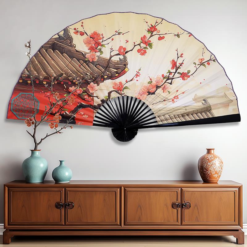 超大折扇花鸟画扇复古中式背景墙上挂扇子红墙桃花古风工艺扇