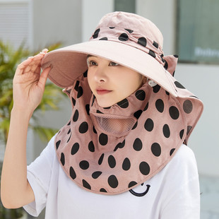夏季圆点遮阳帽女士加宽大檐骑车防晒太阳帽户外采茶遮脸凉帽子棉