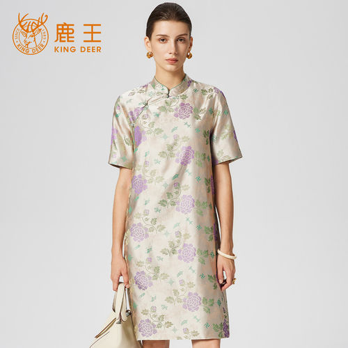King Deer/鹿王桑蚕丝新中式旗袍春夏新款气质显瘦复古真丝连衣裙