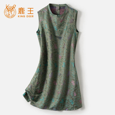 King Deer/鹿王100%桑蚕丝宋锦连衣裙女气质显瘦无袖中式真丝旗袍