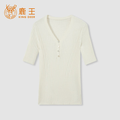 King Deer/鹿王桑蚕丝山羊绒混纺女春秋新款V领半开扣针织衫上衣