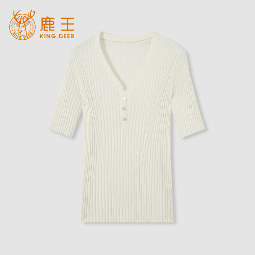 King Deer/鹿王桑蚕丝山羊绒混纺女春秋新款V领半开扣针织衫上衣