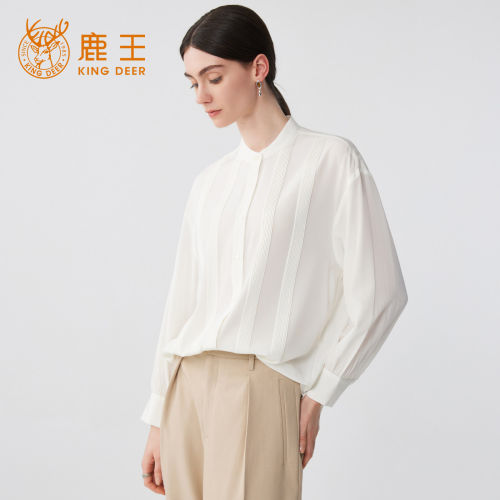 King Deer/鹿王弹力双绉真丝通勤风立领褶皱衬衫女长袖质感上衣