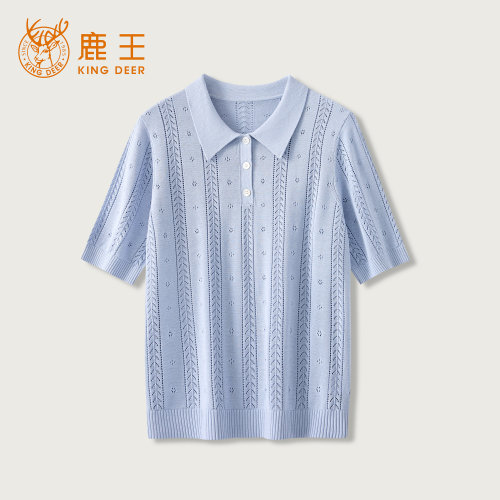 King Deer/鹿王复古POLO领针织短袖上衣女夏季宽松显瘦清爽风T恤