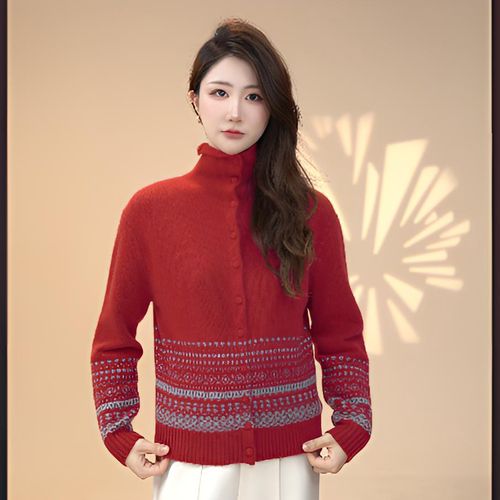鹿王100%山羊绒费尔岛女开衫