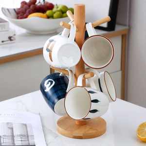 日式陶瓷马克杯家庭6个水杯套装家用一套客厅创意杯子杯架带托盘